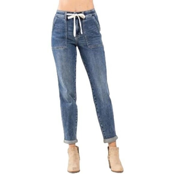 Judy Blue Size 7/28 High Waisted Medium Wash Drawstring Cuffed Jogger Blue Jeans - Picture 1 of 5